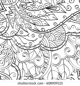 Tracery seamless pattern. Mehndi design. Ethnic monochrome binary doodle texture. Curved doodling black and white background. Vector