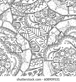 Tracery seamless pattern. Mehndi design. Ethnic monochrome binary doodle texture. Curved doodling black and white background. Vector