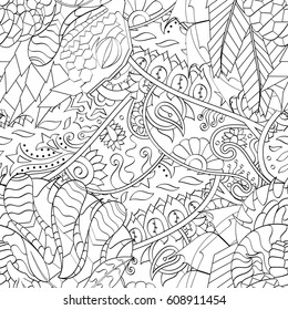 Tracery seamless pattern. Mehndi design. Ethnic monochrome binary doodle texture. Curved doodling black and white background. Vector