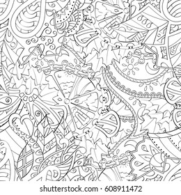 Tracery seamless pattern. Mehndi design. Ethnic monochrome binary doodle texture. Curved doodling black and white background. Vector