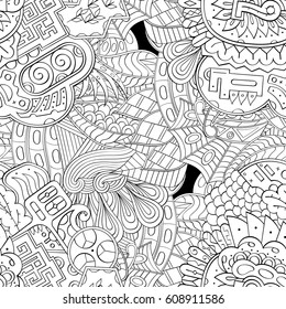 Tracery seamless pattern. Mehndi design. Ethnic monochrome binary doodle texture. Curved doodling black and white background. Vector