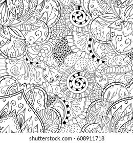 Tracery seamless pattern. Mehndi design. Ethnic monochrome binary doodle texture. Curved doodling black and white background. Vector