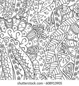 Tracery seamless pattern. Mehndi design. Ethnic monochrome binary doodle texture. Curved doodling black and white background. Vector