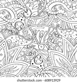 Tracery seamless pattern. Mehndi design. Ethnic monochrome binary doodle texture. Curved doodling black and white background. Vector