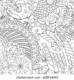 Tracery seamless pattern. Mehndi design. Ethnic monochrome binary doodle texture. Curved doodling black and white background. Vector