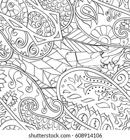 Tracery seamless pattern. Mehndi design. Ethnic monochrome binary doodle texture. Curved doodling black and white background. Vector