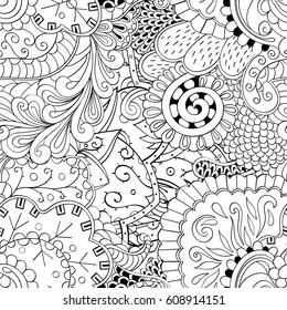 Tracery seamless pattern. Mehndi design. Ethnic monochrome binary doodle texture. Curved doodling black and white background. Vector