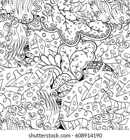 Tracery seamless pattern. Mehndi design. Ethnic monochrome binary doodle texture. Curved doodling black and white background. Vector