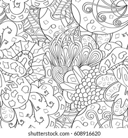 Tracery seamless pattern. Mehndi design. Ethnic monochrome binary doodle texture. Curved doodling black and white background. Vector