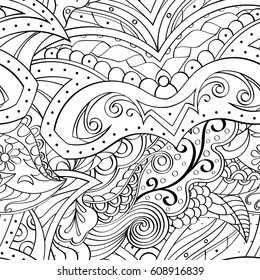 Tracery seamless pattern. Mehndi design. Ethnic monochrome binary doodle texture. Curved doodling black and white background. Vector