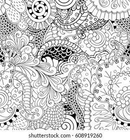 Tracery seamless pattern. Mehndi design. Ethnic monochrome binary doodle texture. Curved doodling black and white background. Vector