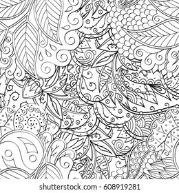 Tracery seamless pattern. Mehndi design. Ethnic monochrome binary doodle texture. Curved doodling black and white background. Vector