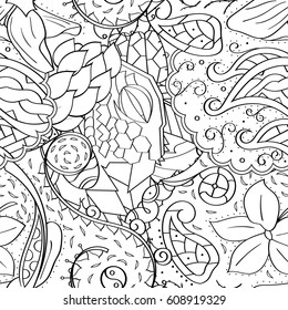 Tracery seamless pattern. Mehndi design. Ethnic monochrome binary doodle texture. Curved doodling black and white background. Vector