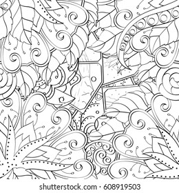 Tracery seamless pattern. Mehndi design. Ethnic monochrome binary doodle texture. Curved doodling black and white background. Vector