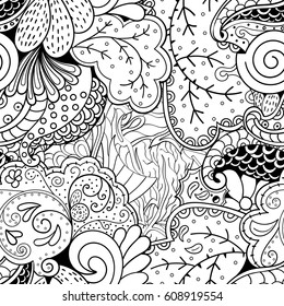 Tracery seamless pattern. Mehndi design. Ethnic monochrome binary doodle texture. Curved doodling black and white background. Vector
