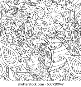 Tracery seamless pattern. Mehndi design. Ethnic monochrome binary doodle texture. Curved doodling black and white background. Vector