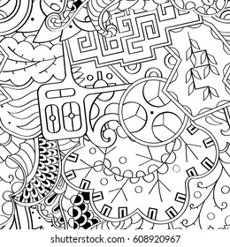 Tracery seamless pattern. Mehndi design. Ethnic monochrome binary doodle texture. Curved doodling black and white background. Vector