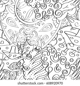 Tracery seamless pattern. Mehndi design. Ethnic monochrome binary doodle texture. Curved doodling black and white background. Vector