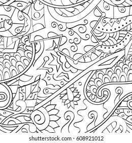 Tracery seamless pattern. Mehndi design. Ethnic monochrome binary doodle texture. Curved doodling black and white background. Vector