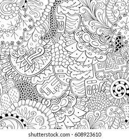 Tracery seamless pattern. Mehndi design. Ethnic monochrome binary doodle texture. Curved doodling black and white background. Vector