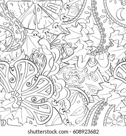 Tracery seamless pattern. Mehndi design. Ethnic monochrome binary doodle texture. Curved doodling black and white background. Vector