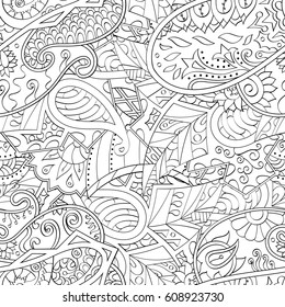 Tracery seamless pattern. Mehndi design. Ethnic monochrome binary doodle texture. Curved doodling black and white background. Vector