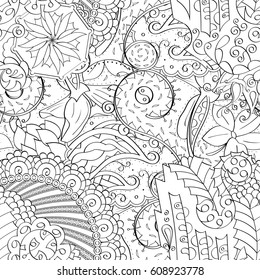 Tracery seamless pattern. Mehndi design. Ethnic monochrome binary doodle texture. Curved doodling black and white background. Vector