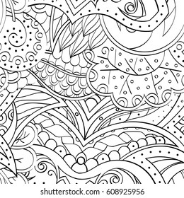 Tracery seamless pattern. Mehndi design. Ethnic monochrome binary doodle texture. Curved doodling black and white background. Vector