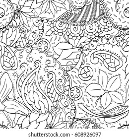Tracery seamless pattern. Mehndi design. Ethnic monochrome binary doodle texture. Curved doodling black and white background. Vector