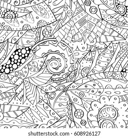 Tracery seamless pattern. Mehndi design. Ethnic monochrome binary doodle texture. Curved doodling black and white background. Vector