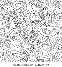 Tracery seamless pattern. Mehndi design. Ethnic monochrome binary doodle texture. Curved doodling black and white background. Vector