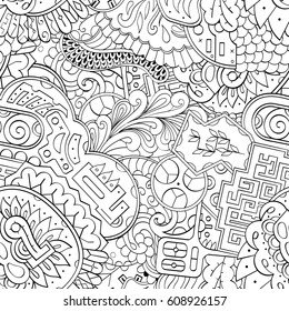 Tracery seamless pattern. Mehndi design. Ethnic monochrome binary doodle texture. Curved doodling black and white background. Vector