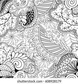 Tracery seamless pattern. Mehndi design. Ethnic monochrome binary doodle texture. Curved doodling black and white background. Vector