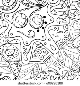 Tracery seamless pattern. Mehndi design. Ethnic monochrome binary doodle texture. Curved doodling black and white background. Vector
