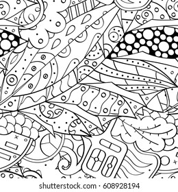 Tracery seamless pattern. Mehndi design. Ethnic monochrome binary doodle texture. Curved doodling black and white background. Vector