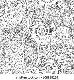 Tracery seamless pattern. Mehndi design. Ethnic monochrome binary doodle texture. Curved doodling black and white background. Vector
