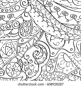Tracery seamless pattern. Mehndi design. Ethnic monochrome binary doodle texture. Curved doodling black and white background. Vector