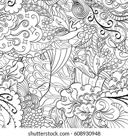 Tracery seamless pattern. Mehndi design. Ethnic monochrome binary doodle texture. Curved doodling black and white background. Vector