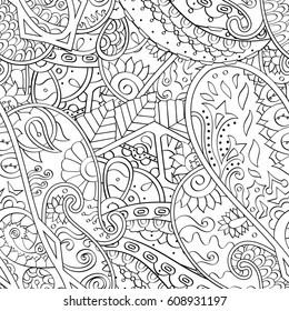 Tracery seamless pattern. Mehndi design. Ethnic monochrome binary doodle texture. Curved doodling black and white background. Vector