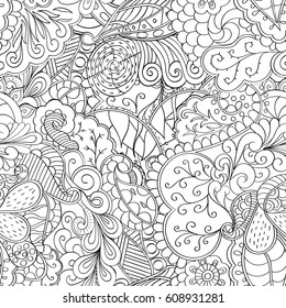 Tracery seamless pattern. Mehndi design. Ethnic monochrome binary doodle texture. Curved doodling black and white background. Vector