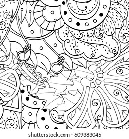 Tracery seamless pattern. Mehndi design. Ethnic monochrome binary doodle texture. Curved doodling black and white background. Vector