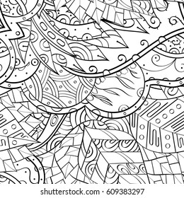 Tracery seamless pattern. Mehndi design. Ethnic monochrome binary doodle texture. Curved doodling black and white background. Vector