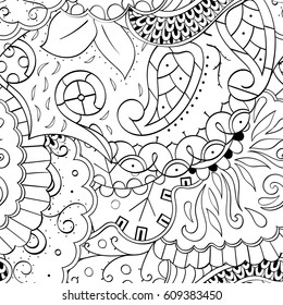 Tracery seamless pattern. Mehndi design. Ethnic monochrome binary doodle texture. Curved doodling black and white background. Vector