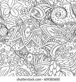 Tracery seamless pattern. Mehndi design. Ethnic monochrome binary doodle texture. Curved doodling black and white background. Vector