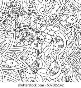 Tracery seamless pattern. Mehndi design. Ethnic monochrome binary doodle texture. Curved doodling black and white background. Vector