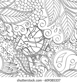 Tracery seamless pattern. Mehndi design. Ethnic monochrome binary doodle texture. Curved doodling black and white background. Vector