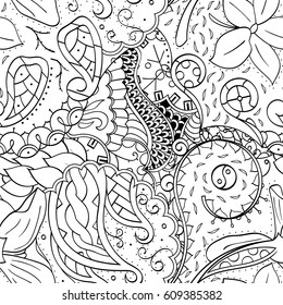 Tracery seamless pattern. Mehndi design. Ethnic monochrome binary doodle texture. Curved doodling black and white background. Vector