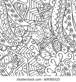 Tracery seamless pattern. Mehndi design. Ethnic monochrome binary doodle texture. Curved doodling black and white background. Vector