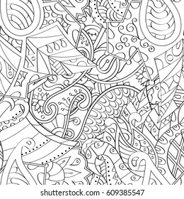 Tracery seamless pattern. Mehndi design. Ethnic monochrome binary doodle texture. Curved doodling black and white background. Vector