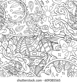 Tracery seamless pattern. Mehndi design. Ethnic monochrome binary doodle texture. Curved doodling black and white background. Vector